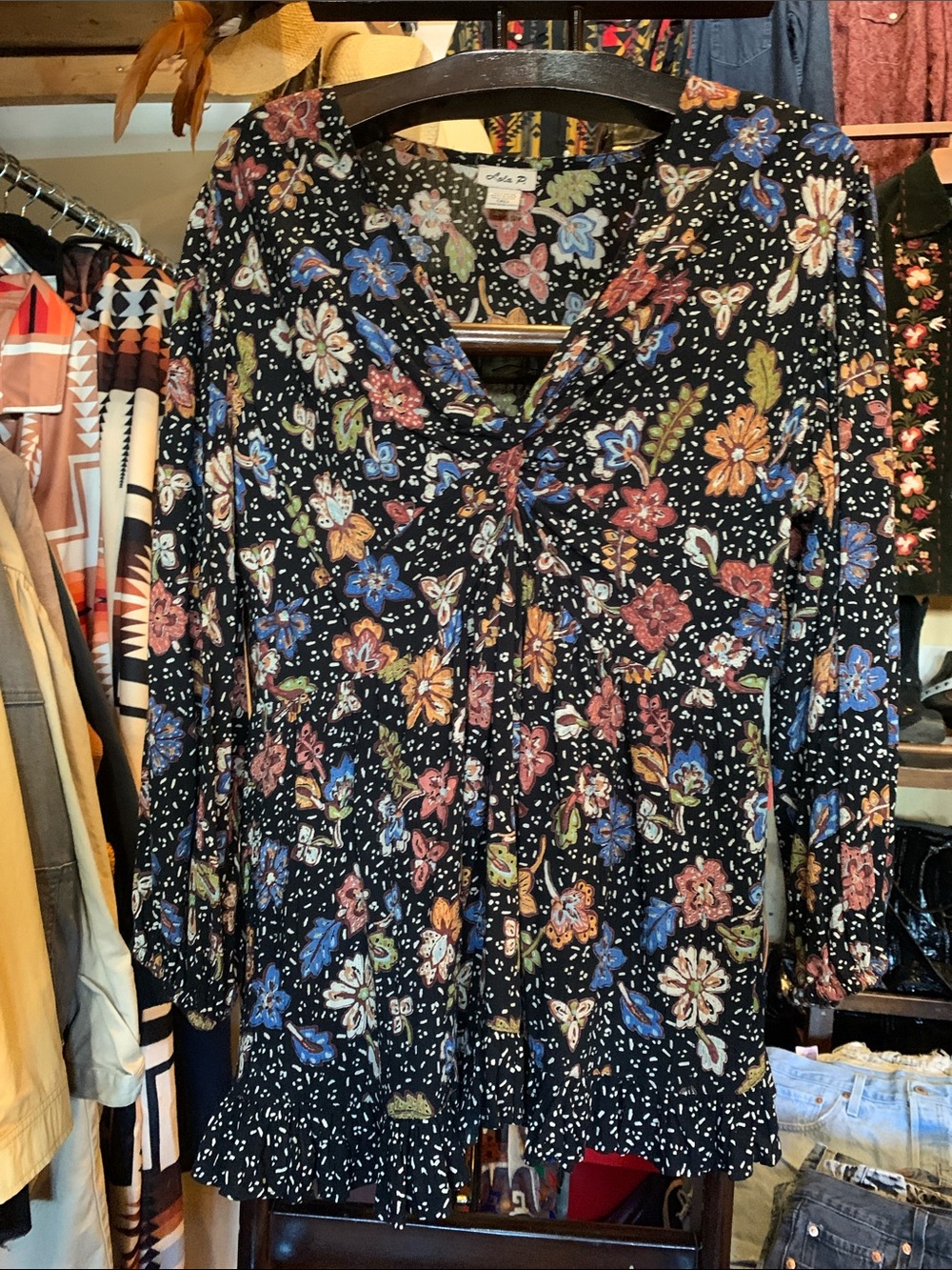Floral Button-Front Black Peasant Top